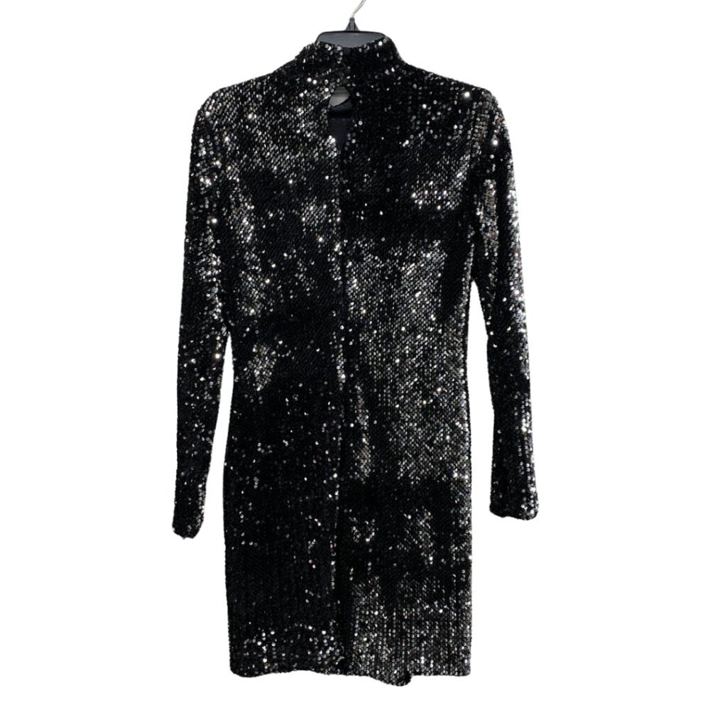 Millie Black Long Sleeved Sequin Turtleneck Mini Dress Womens Size 6 - Picture 3 of 12